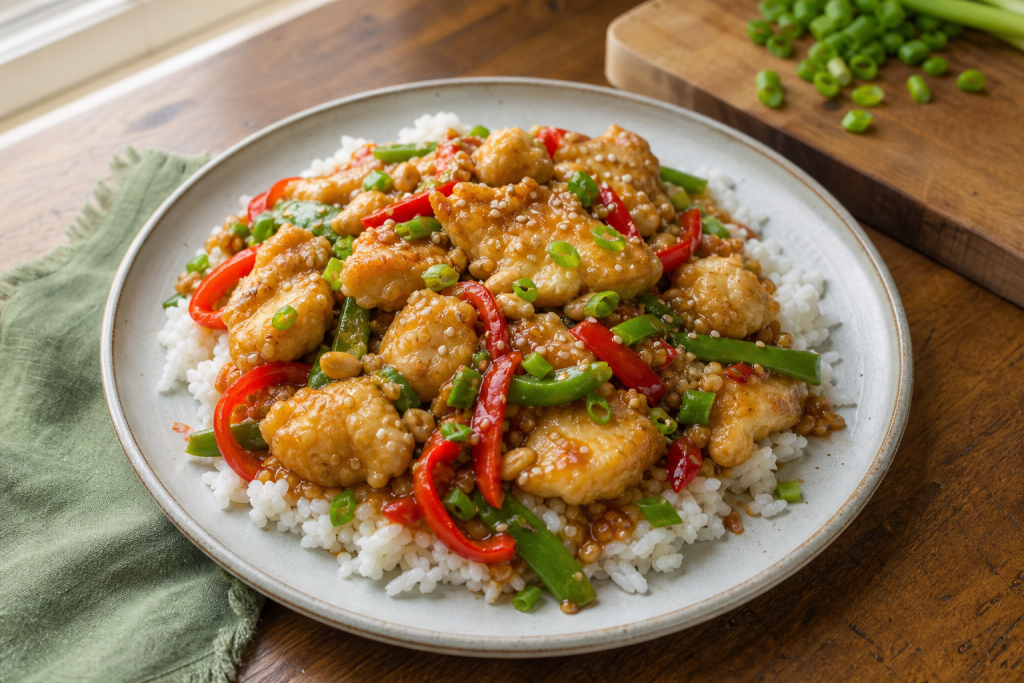 Asian-inspired crappie with peanut sauce, vegetables and rice.
