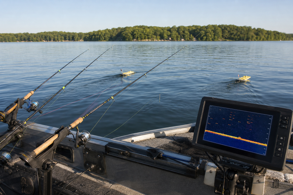 Crappie trolling rods and fish finder on a summer lake.